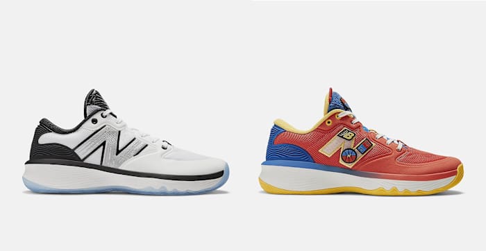 Side view of white and red New Balance sneakers.